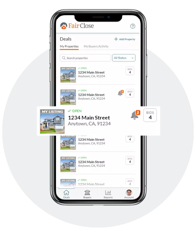 FairClose app screen for real estate seller and wholesaler